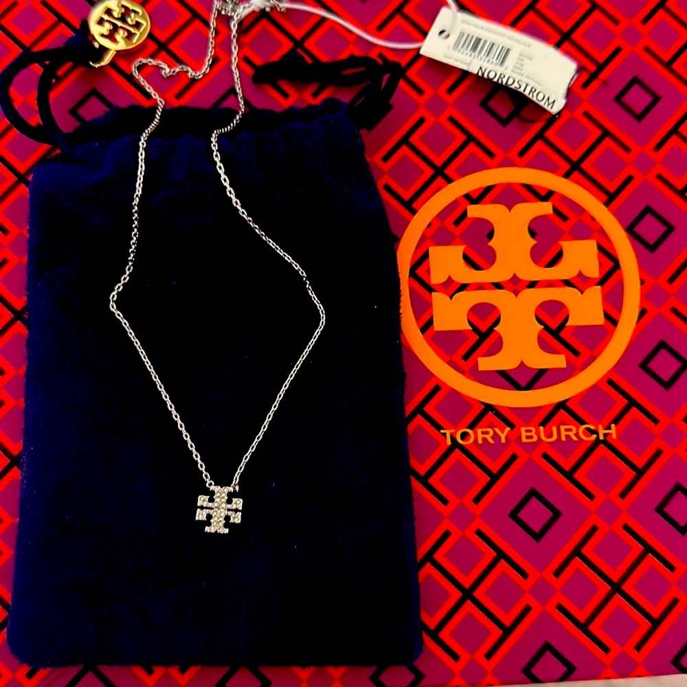 Tory Burch Kira Pave Pendant Necklace 15’ inch chain